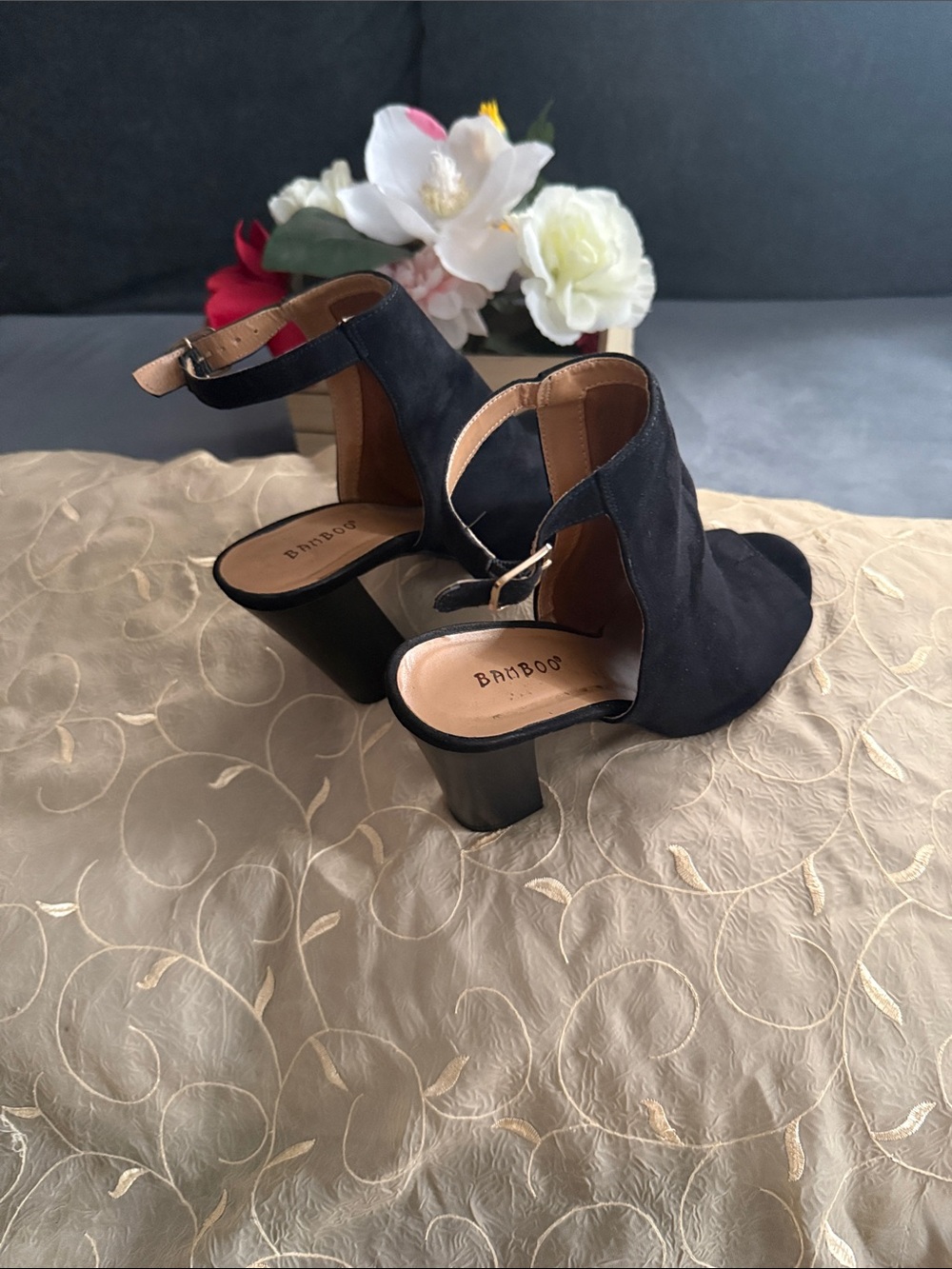 BAMBOO Black Suede Open Back Block Heel Sandals